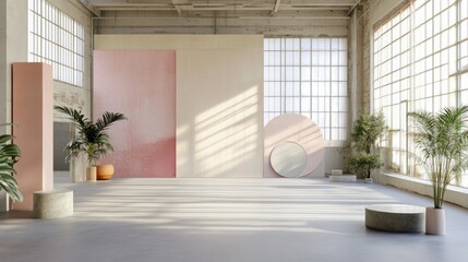 Aufkleber - Modern industrial loft space with minimalist aesthetic.  Soft, muted colors and natural light