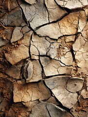 Poster - Detailed View of Cracked Dry Soil Showcasing Natural Earthy Tones and Unique Lines With a Textured Surface in a Drought-Affected Landscape