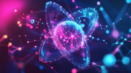 Aufkleber - Abstract representation of an atom, showcasing its structure with interconnected particles and energy fields