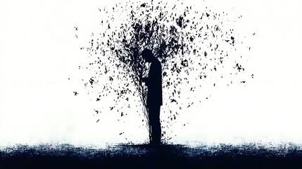 Poster - Abstract Dark Blue Pixelated Tree Silhouette on White Background