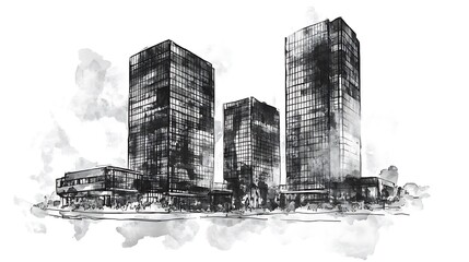 Poster - Modern City Sketch Black and White Watercolor Skyscrapers