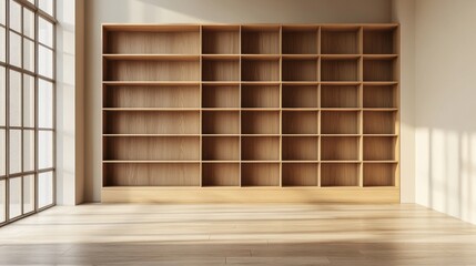Poster - Large, open shelving unit, empty, light oak wood, minimal decor, and a neutral beige wall behind 