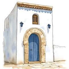 Poster - Watercolor Painting of a Small White Building with Blue Door