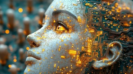 Aufkleber - Digital Mind: A close-up perspective shows a serene human-like face, intricately overlaid with glowing circuitry, revealing the fusion of technology and humanity