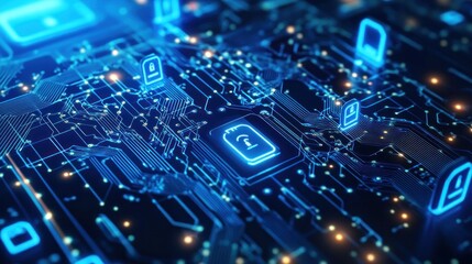 Poster - Digital circuit board with global map and financial symbols