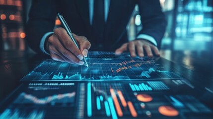 Leinwandbilder - Businessman analyzing financial data on interactive display