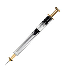 Aufkleber - realistic depiction of a medical syringe pre-filled with clear liquid, isolated on white background, centered with space around, no ground surface shadow, clinical object in detail