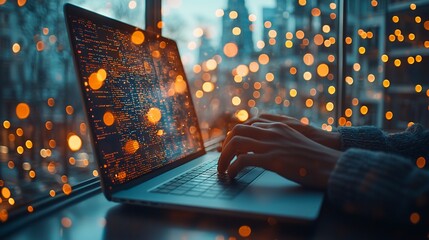 coder working late, city lights background, software development