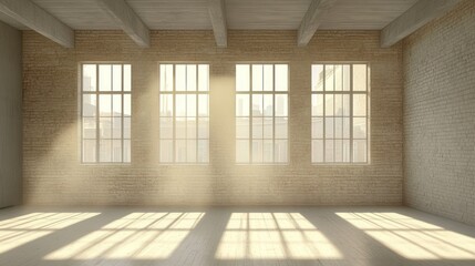 Poster - Empty loft space with large windows, sunbeams