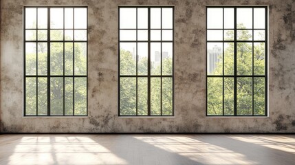 Aufkleber - Industrial loft space with large windows showcasing a park view