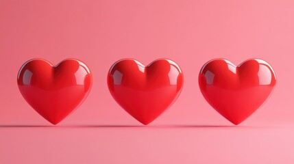 Poster - three-dimensional rendering of three red glossy heart shapes against a vibrant pink background creating a modern and visually appealing design element ideal for conveying love and affection
