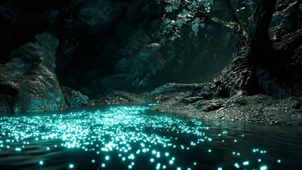 Poster - Enchanting underground cave with serene flowing stream of crystal clear water and stalactite formations