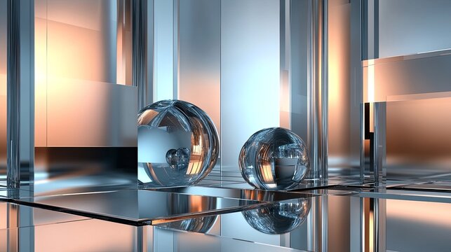 Abstract metallic and glass shapes arranged in a minimalistic futuristic composition. digital