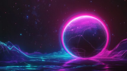 Poster - futuristic earth in a vibrant neon glow over a landscape of abstract mountains
