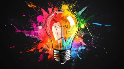 Poster - conceptual illustration featuring a lightbulb bursting with vibrant colors against a stark black backdrop symbolizing innovation and creative ideas with an abstract and painterly aesthetic