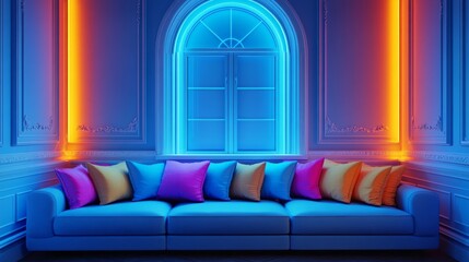 Poster - Electric blue neon glow illuminates a corner sofa with vibrant pillows, framed by an arched window and Rococo-style wall moldings