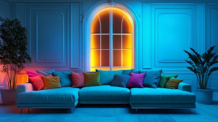 Poster - Electric blue neon glow illuminates a corner sofa with vibrant pillows, framed by an arched window and Rococo-style wall moldings