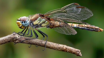 Aufkleber - Dragonfly perched on twig natural habitat macro photography lush green background close-up insect beauty