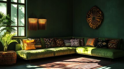 Poster - Lime green neon accents highlight a corner sofa with ethnic-patterned pillows in a moody Boho-Rococo living room mockup