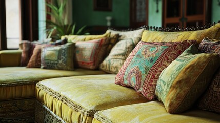 Poster - Lime green neon accents highlight a corner sofa with ethnic-patterned pillows in a moody Boho-Rococo living room mockup