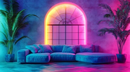 Poster - Neon interior mockup with an electric blue Boho-themed corner sofa under an arched Rococo window glowing with pink and green lights