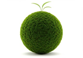 close up of a green moss ball with two small green sprouts on top against a white background scene