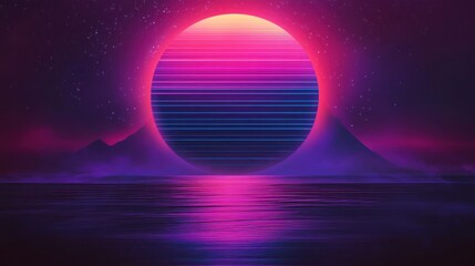 Poster - retro sun setting over a vibrant landscape