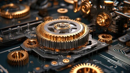 Poster - AI and machinery fusion with sleek light-gray gears on a tech background