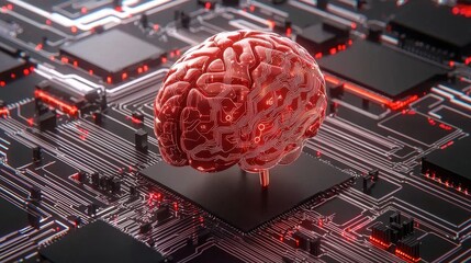 Poster - AI brain visualization connected with network data lines and circuits on dark tech background