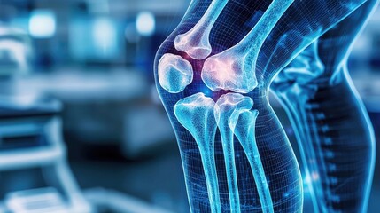 Poster - X-ray of knee joint orthopedics technology diagnosis concept. Detailed illustration of a human knee joint with highlighted areas.