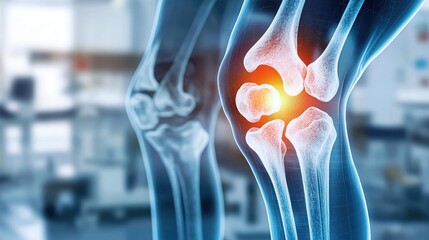 Poster - X-ray of knee joint orthopedics technology diagnosis concept. An anatomical illustration showing knee joint anatomy and injury.