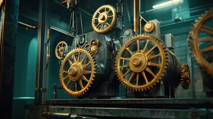 Poster - Tech background featuring rotating cogs and gears in soft gray-blue palette