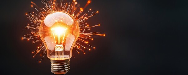 Poster - Explosion of lightbulb with creative invention impact concept. A glowing light bulb emitting bright sparks in a dark space.