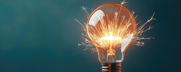 Poster - Explosion of lightbulb in electric high-speed burst concept. Bright light bulb with electric spark on a dark background.