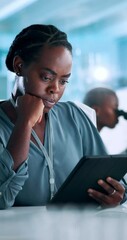 Poster - Black woman, scientist and browsing with tablet at laboratory for medical research or data analysis. Female person, health worker or biologist with technology or app for online discovery or new study