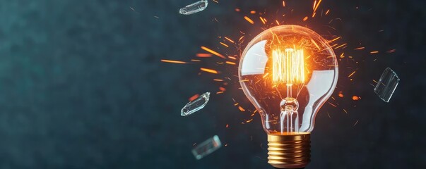 Poster - Explosion of lightbulb showing filament and invention concept. Illuminating light bulb with sparks on dark background.