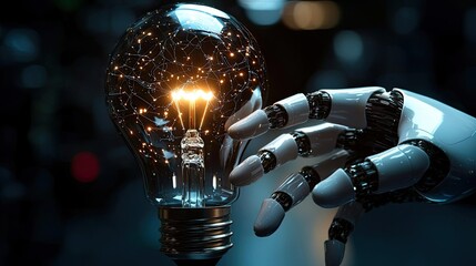 Poster - Hands of robot and human touching with data science progress concept. A robotic hand holding a glowing lightbulb with intricate details.
