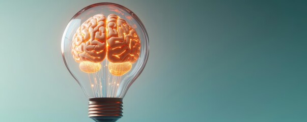 Poster - Hands of robot and human touching with data science progress concept. A creative representation of a brain inside a light bulb.
