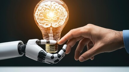 Poster - Hands of robot and human touching in AI future collaboration concept. A robot hand reaches for a human hand, symbolizing innovation.