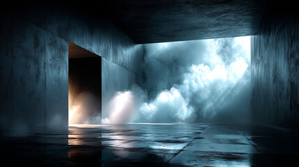 Wall Mural - dark empty room with concrete floor and neon light a dimly lit hallway with smoke and an open door,