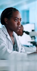 Aufkleber - Science, research and woman in lab, online reading and thinking with deadline for experiment results. Person, employee and scientist in workplace, vaccine development and medical test for cure