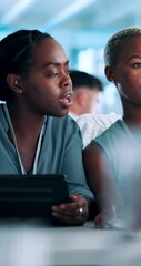 Leinwandbilder - Tablet, meeting and business women in office in collaboration with coding challenge. Feedback, digital technology and female software developers working on UX design project together in workplace.