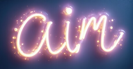 Aufkleber - Glowing word aim presented. Bright yellow neon script over dark purple background. Sparkles enhance visual impact.