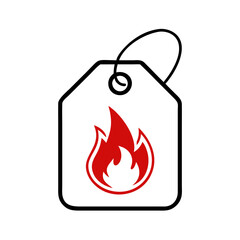 Poster - Hanging price tag icon with red flame in minimal outline style