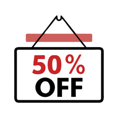 Poster - 50 percent off hanging sign icon in red and black lines