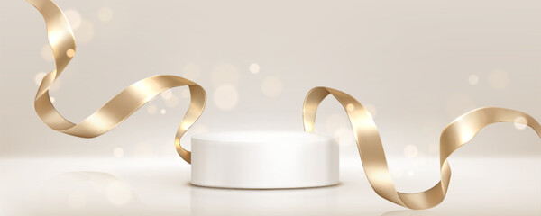 Poster - Golden ribbons around white podium. Shiny metallic curled strips, twisted spiral shapes with luxury ceremonial stage and festive decoration. Elegant flow wavy glossy element for product presentation.