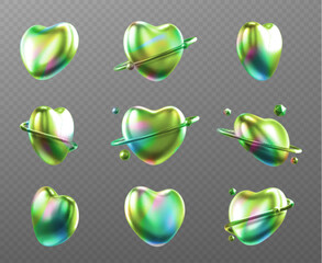 Poster - Green chrome heart shapes set on transparent background. Shiny metallic gradient Valentine day symbol in various angles. Glossy colorful holographic love icon, romantic iridescent 3d design element
