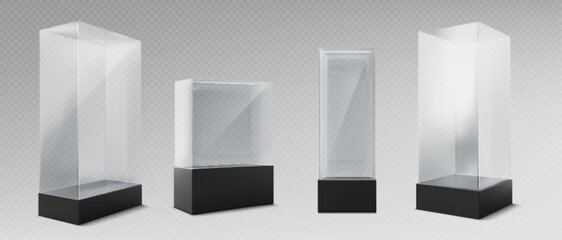 Poster - Glass displays set isolated on transparent background. Vector realistic illustration of 3d cube showcase for museum exhibition, gallery equipment, empty store box, plastic stand mockup on black podium
