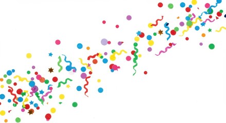 Poster - Colorful confetti and streamers scattered on a white background for a festive celebration