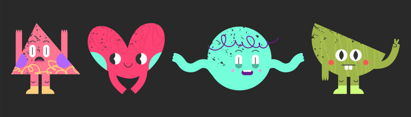 Poster - geometric doodle face emoticons - scared triangle, smiling red heart, shocked circle, green semicirc